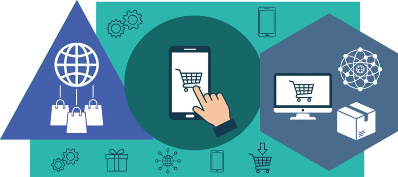 Global E-commerce and Mobile Shopping Concept Banner with Online Store Interfaces Digital Delivery Networks Retail Logistics and Electronic Commerce Business Flat Vector Illustration