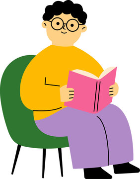 Cute Man Reading Book Character PNG