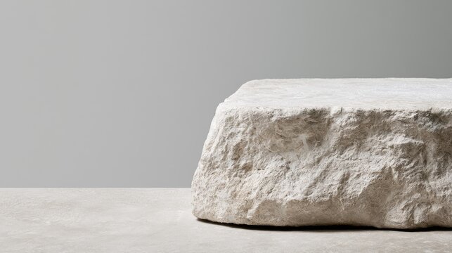 Rough textured natural stone block on a textured surface, against a plain wall