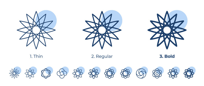 A collection of geometric star and circular logo design variations with different line weights.