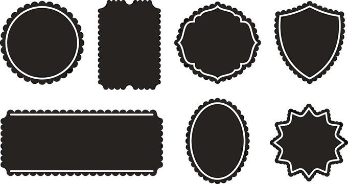 Ornate Vintage Scalloped Label Templates and Royal Shield Badges Vector Collection with Blank Black Geometric Silhouette Frames for Premium Packaging Designs