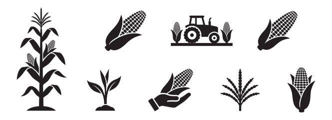 Corn icon set. Farm tractor, sweetcorn cob, plant seedling and harvest symbols. Vector illustration. © Roberto_Caravelli
