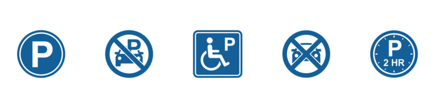 Car parking traffic sign set. Blue circular and square parking lot symbols, no parking restrictions, handicap disabled driver and timed parking icons. Vector illustration.