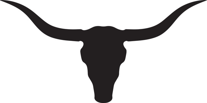 Black silhouette of a longhorn steer skull, minimalist of a texas bull head with large curved horns on a white background, also transparent background