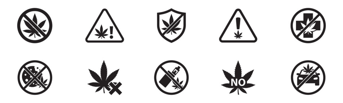 No cannabis and stop marijuana icon set. Prohibited hemp leaf, restricted smoking vape, ban drug and warning driving symbols. Vector illustration.