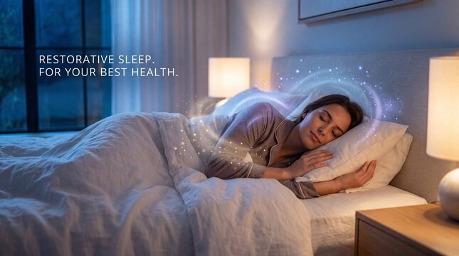 Woman sleeping peacefully on a white bed with a serene expression and soft glowing lights around her head in a cozy bedroom with warm lamps
