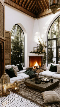 Home interior design, modern Xmas living room, winter time