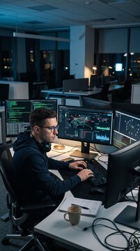 Cybersecurity Analyst Monitoring Network Security Dashboard in Modern Security Operations Center