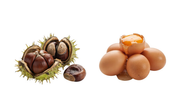 Several raw brown chestnuts in prickly green husks next to a cluster of brown chicken eggs with one broken open revealing a runny yellow yolk
