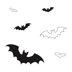 Fototapeta premium Set of six bat silhouettes, three solid black and three outlined, flying in different orientations on white background, spooky Halloween design element.