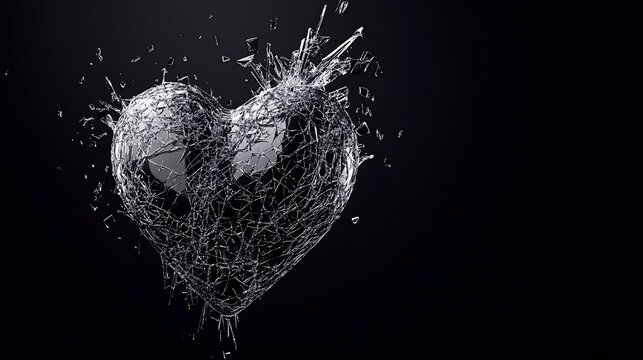A detailed look at a black wired-like heart exploding into small fragments against darkness