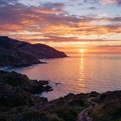 Obraz premium Spectacular Sunset Over a Coastal Landscape with Gentle Waves and a Path Leading Towards the Horizon