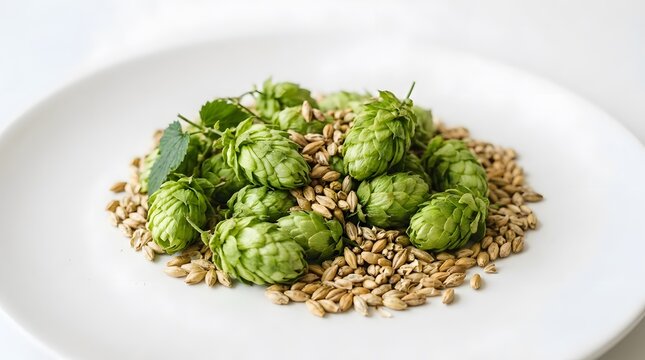 International Beer Day fresh green hops and malt grains brewing ingredients