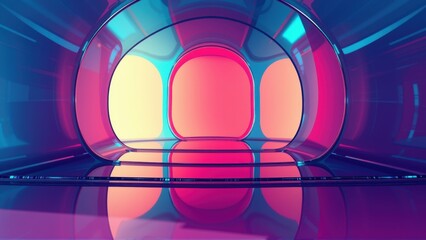 Fototapeta premium Futuristic interior. Vivid neon lights create dramatic tunnel effect. Reflective floor enhances depth, showcasing vibrant pinks, blues, yellows.