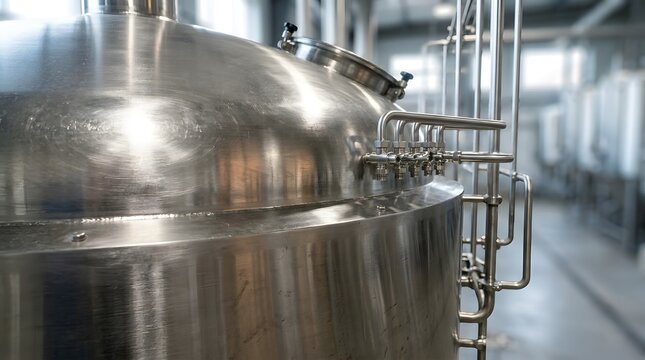 International Beer Day image featuring professional stainless steel brewery fermentation equipment.
