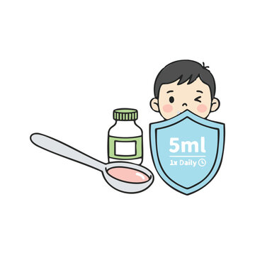 Child taking 5ml daily medicine with spoon and bottle