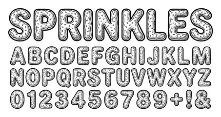 スプリンクルをトッピングしたドーナツ風のアルファベットと数字のフォントセット © Sultana