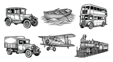 ヴィンテージの乗り物セット：車、ボート、バス、飛行機、列車のイラスト © Sultana