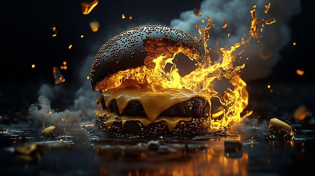 A fiery burger explodes with flames and molten cheese,  surrounded by smoke and debris.  A dramatic,  digital rendering