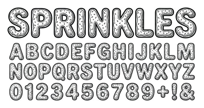 スプリンクルをトッピングしたドーナツ風のアルファベットと数字のフォントセット