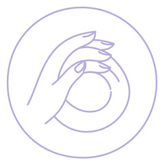 Obraz premium Graceful mindful hands in circular aura vector icon, lavender minimalist line illustration for meditation flow, yoga balance, spa wellness, calm energy, healing touch, serene zen branding