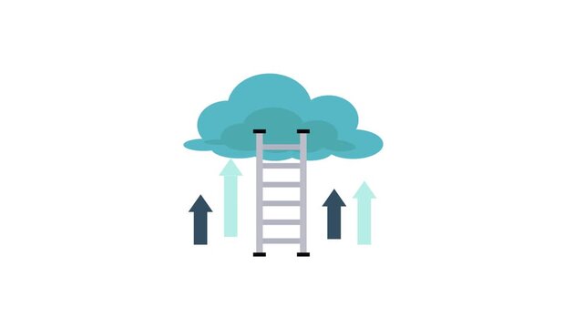 Flat vector career growth or cloud computing animation with a ladder climbing into a cloud and rising arrows