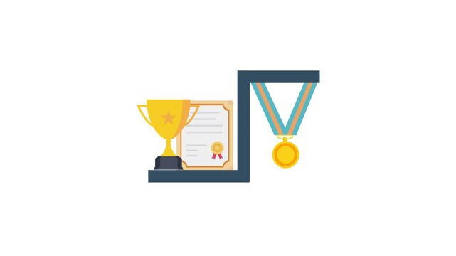 Flat vector award shelf animation displaying golden trophy certificate and first place medal
