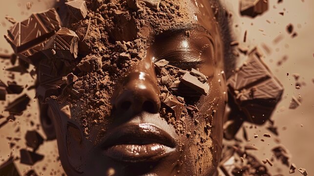 Elegant Female Face Covered in Dark Chocolate &ndash; Creative Food Art Background