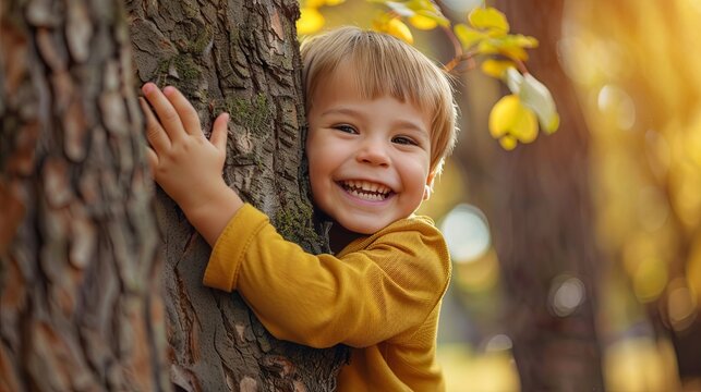 cute little boy hugs a tree and smiles. Eco Lifestyle, Environmental Care Concept