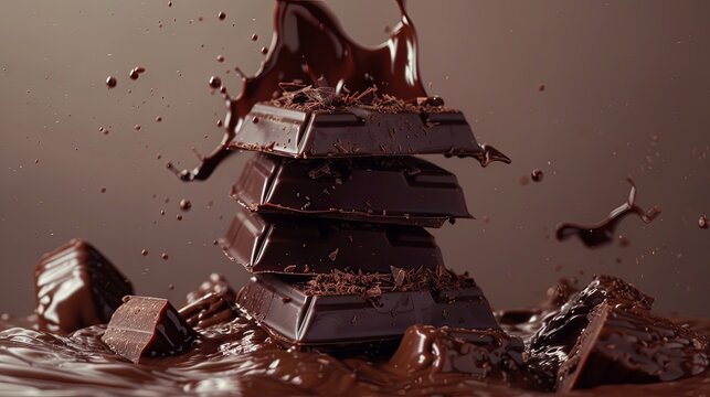 Flying Chocolate Pieces with Splash &ndash; Liquid Chocolate Explosion, Sweet Dessert Concept, Luxury Dark Chocolate Advertising Background