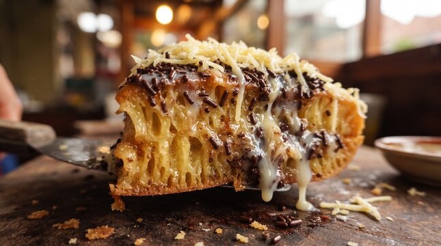 Traditional Indonesian sweet pancake martabak manis with rich chocolate sprinkles and grated cheese topping