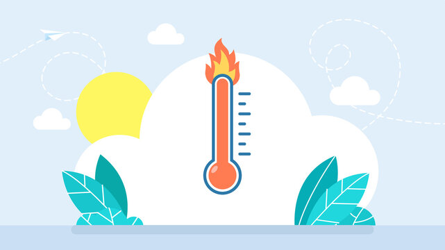 Hot thermometer indicator icon with fire flame. Extreme summer heat wave, high temperature measurement, global warming climate change or critical control alert concept. Flat illustration