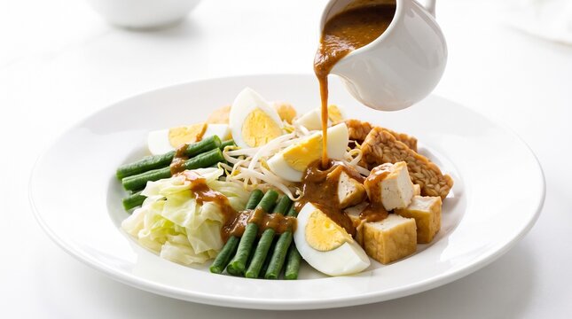 Pouring savory peanut sauce over fresh Indonesian gado gado salad with boiled eggs, tofu, and vegetables