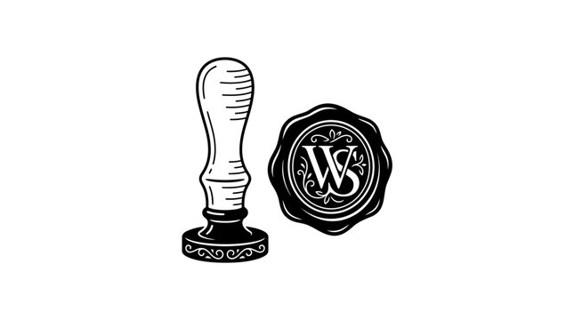 Vintage style hand stamp with wax seal monogram illustration.