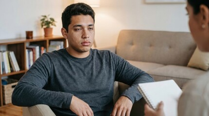 Fototapeta premium Emotionally exhausted young man with freckles sits heavily in an armchair as a therapist takes notes, conveying numbness, disengagement, and unspoken strain within a calm residential counseling room