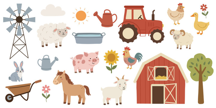 Farm animals set, red barn icon, tractor clipart bundle with horse, pig, sheep, goat, poultry and countryside tools on white background for educational banner, print sticker and textbook layout
