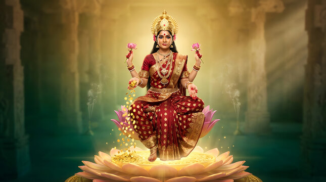 Lakshmi Mata seated on glowing lotus inside ancient temple devotional illustration background wallpaper