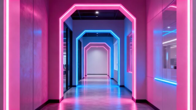 Neon lit hallway with arches