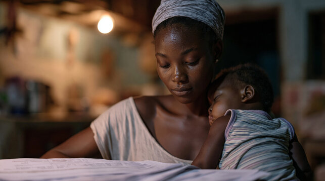 Exhausted Nigerian single mother seated at kitchen table past midnight, infant asleep on her shoulder, unpaid bills fanned around her under harsh overhead light, shadows deep