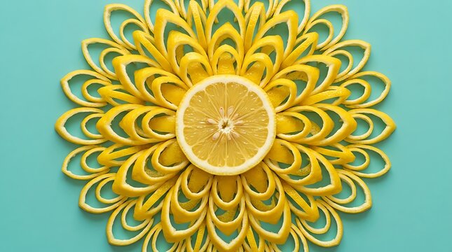 Vibrant lemon slices arranged in a decorative flower pattern on teal background