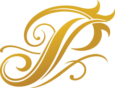 Elegant gold cursive letter p decorative flourish ornament isolated on transparent background, Vector