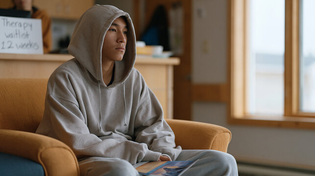 Inuit youth sitting in a rural health clinic waiting room, a handwritten sign behind the desk reading therapy waitlist twelve weeks, his posture resigned, a single brochure in his