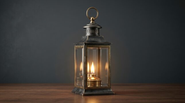 Old oil lantern with burning flame on wooden table, dark background.