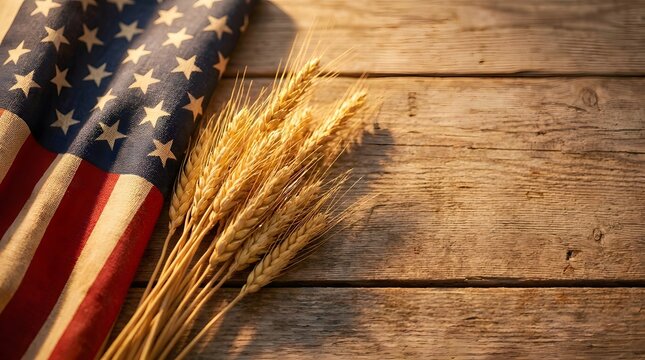 American flag and golden wheat stalks on rustic wooden table background