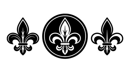 Fototapeta premium Fleur-De-Lis Emblems in Black and White with One Inside a Circular Frame Featuring Emblem, Symbol, Heraldry with Circle