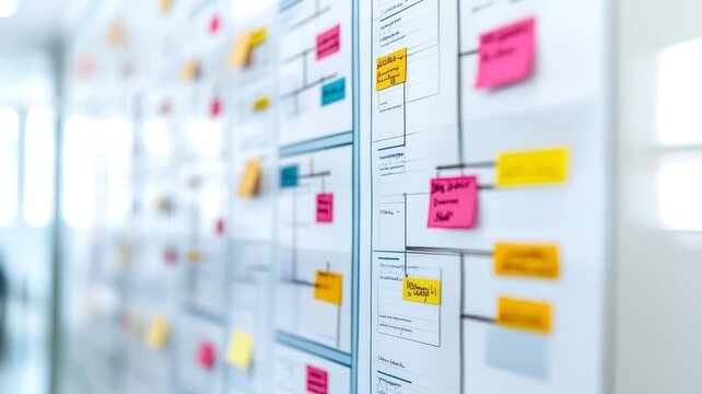 Professional project management kanban board with sticky notes and task workflow diagrams for agile business planning strategies.