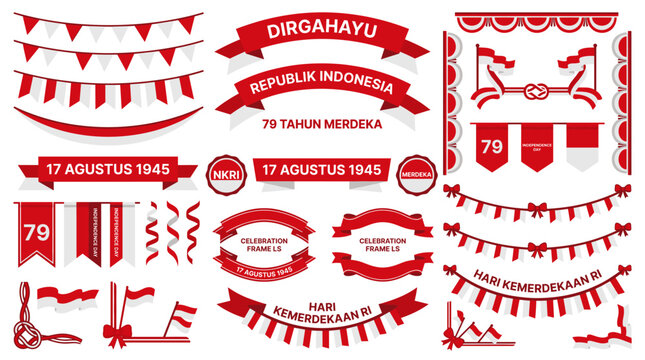 Indonesian Independence Day Celebration Graphic Element Set with Red and White Banners Ribbons and Flags for August 17th Event