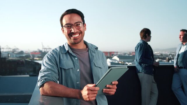 Tablet, glasses and face of business man on roof top in city for web developer, pride and about us. Homepage planning, confidence and laughing with person outdoor for entrepreneur and update