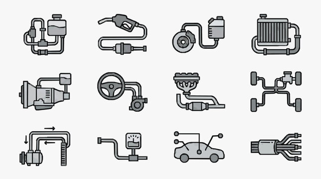 Professional Black and White Line Drawing Icons Set of Various Car Engine and Fuel System Components