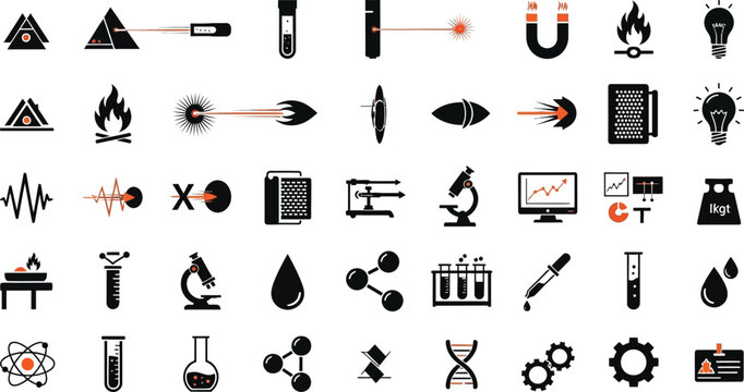 Set of scientific research and physics laboratory icons